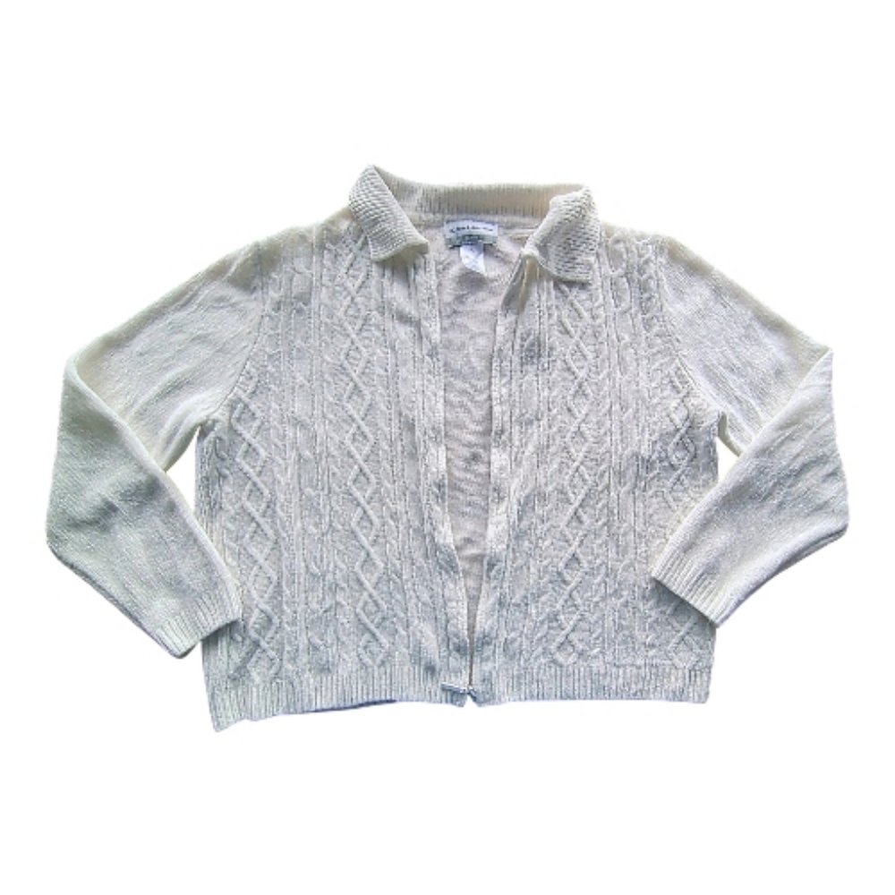Alfred Dunner Ivory Cable Knit Zip Up Cardigan Petite